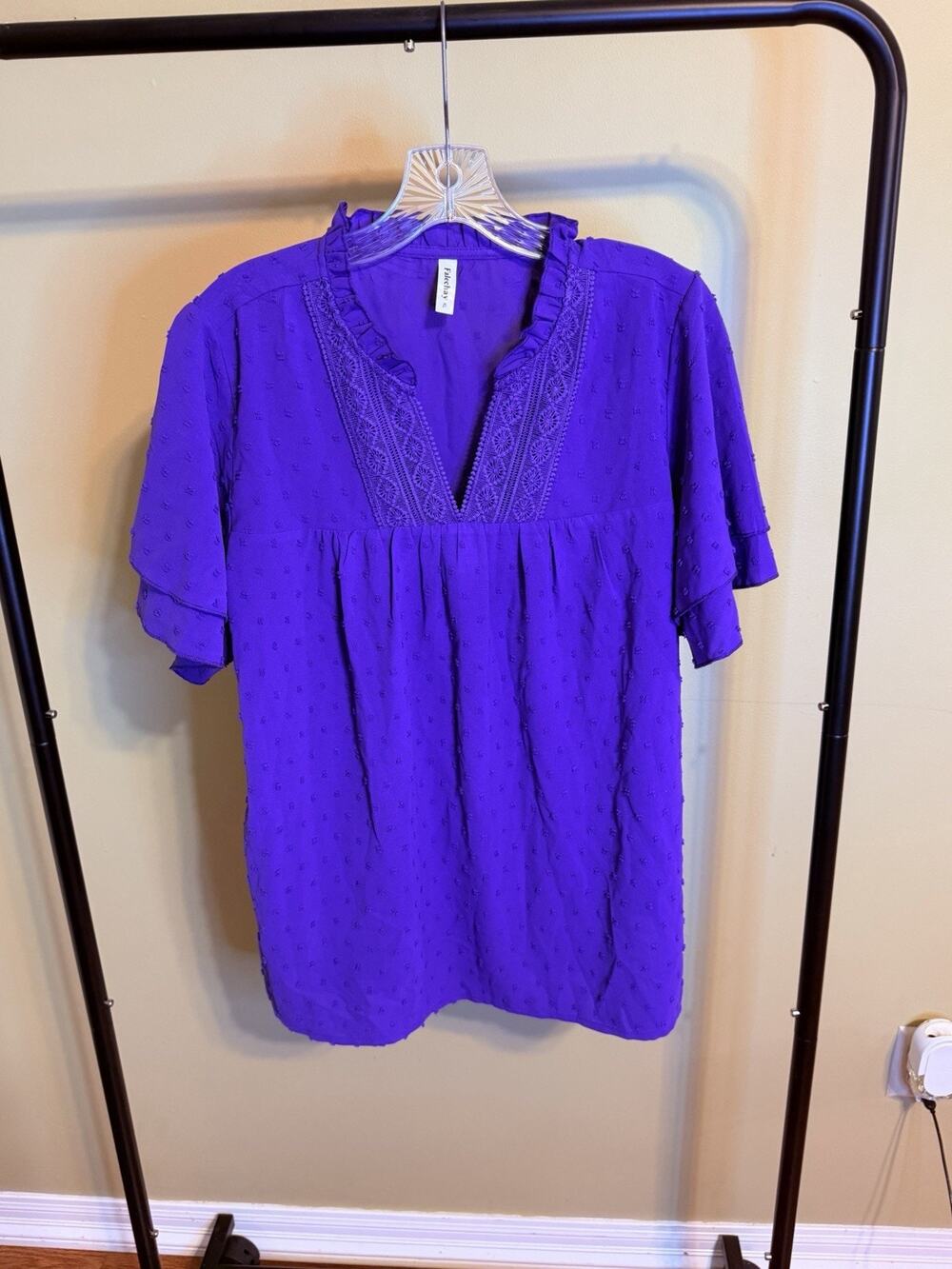 Falechay Purple V-Neck Flutter SLeeve Top Size XL Textured